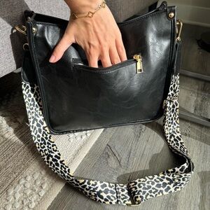 NEW VEGAN LEATHER Black Leather Shoulder Bag with Animal Print Strap